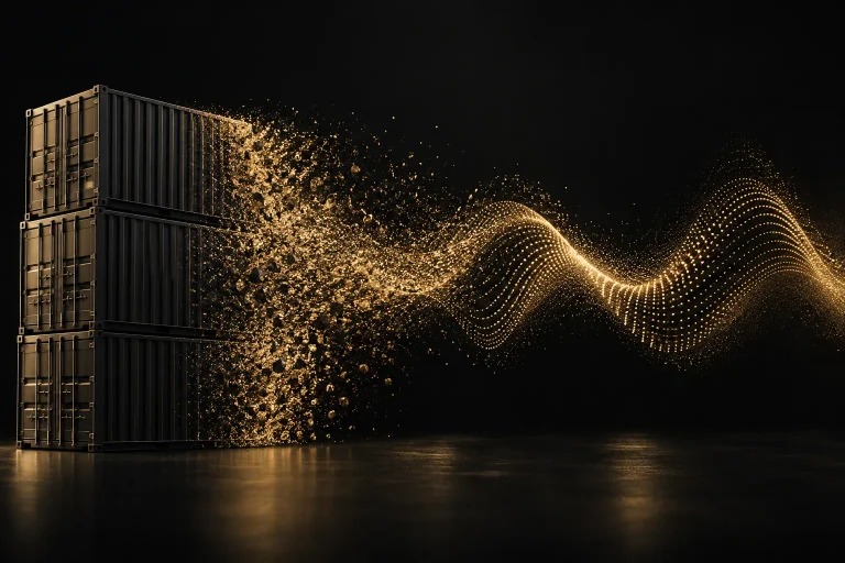 Shipping containers dissolving into a gold sound wave