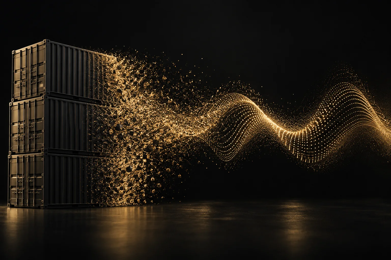 Shipping containers dissolving into a gold sound wave