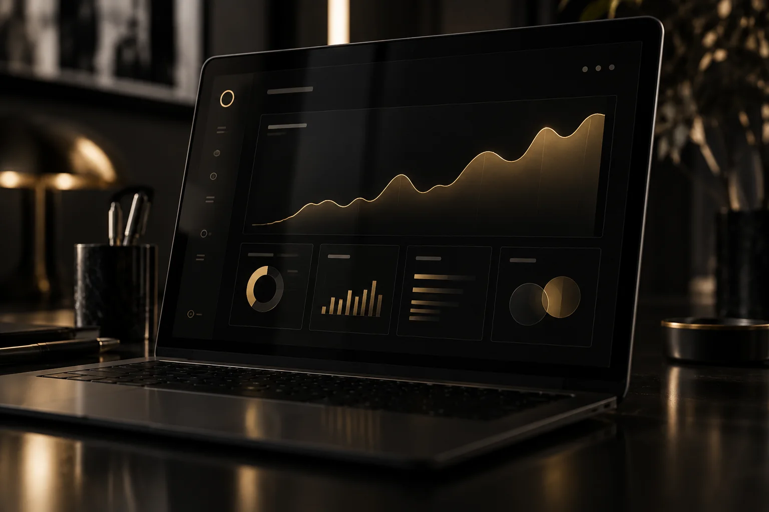 Concept performance dashboard in warm gold on a dark screen