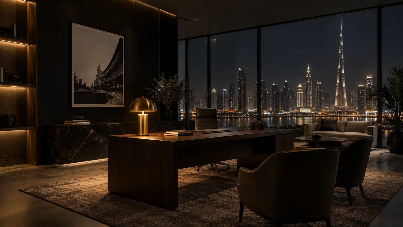 Contemporary dark office with warm light and city views