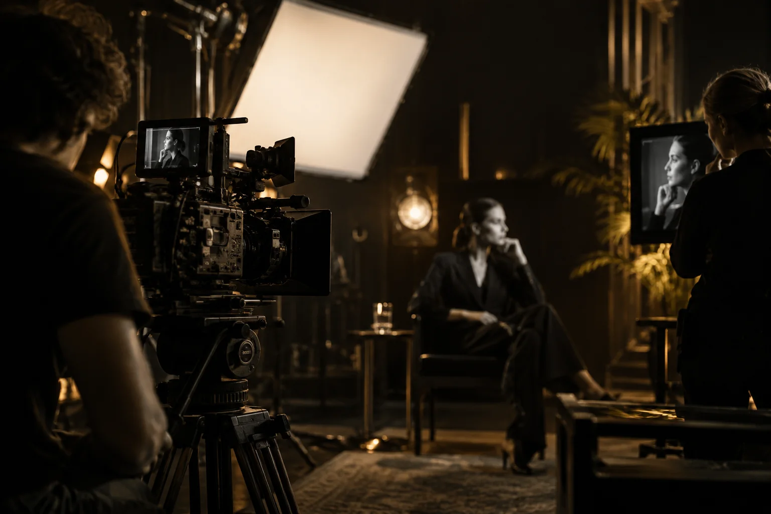 Cinema camera and warm studio lighting behind the scenes