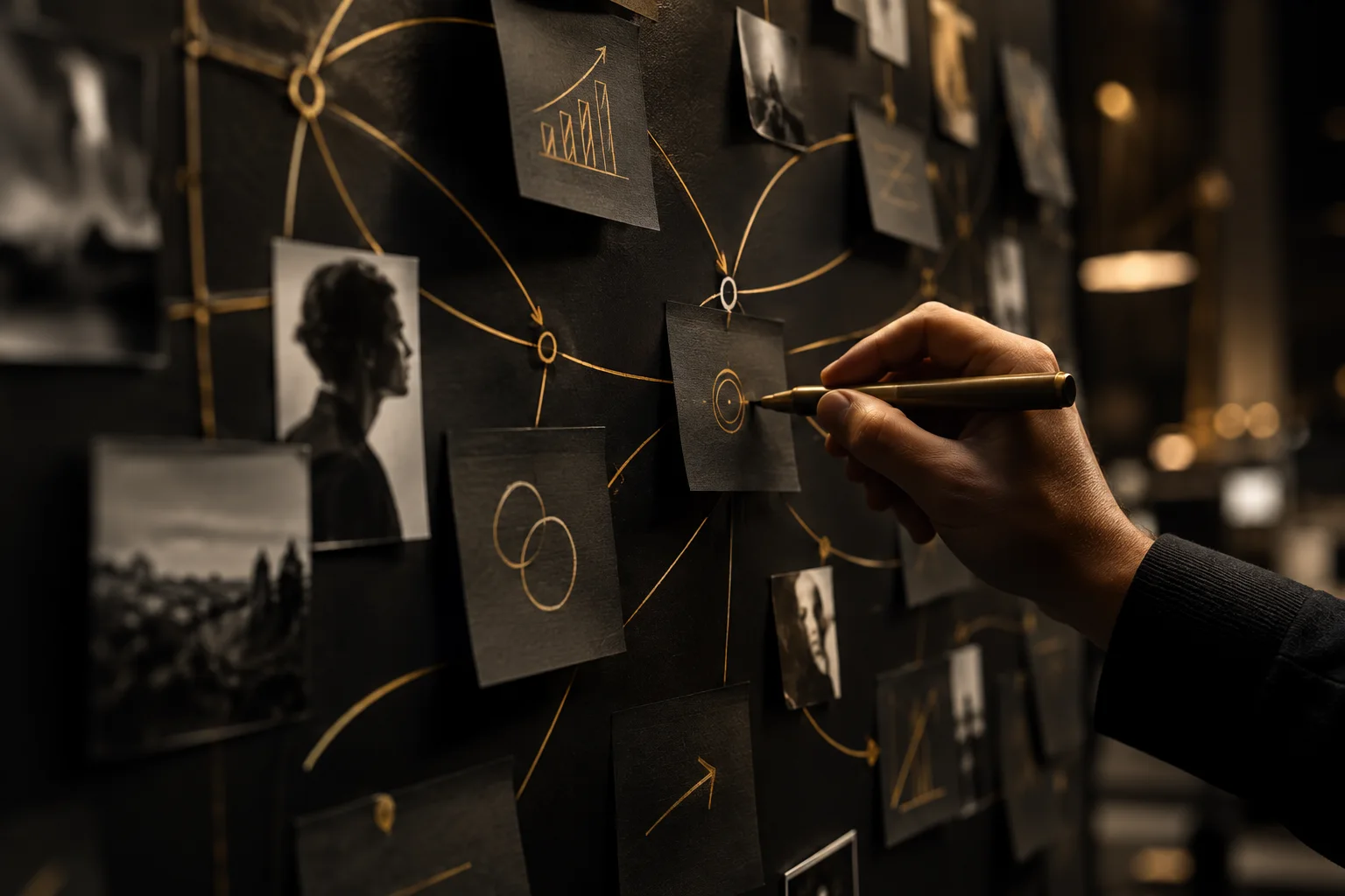 Strategy workshop with black notes and gold connections